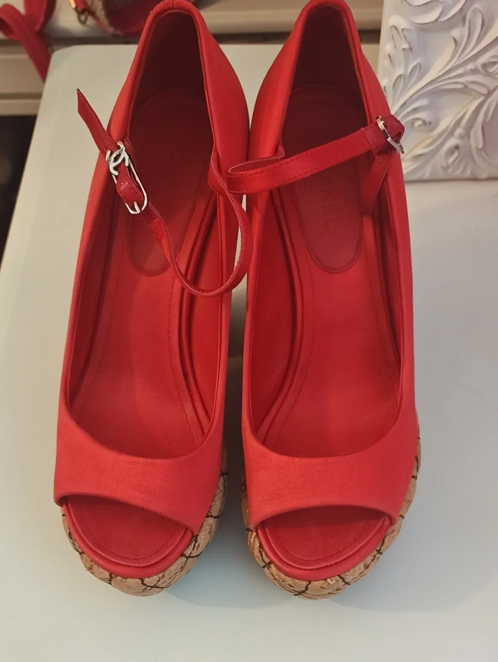 ​CHANEL Vintage Red Silk Quilted Cork Wedge Platform Sandals Size 6.5